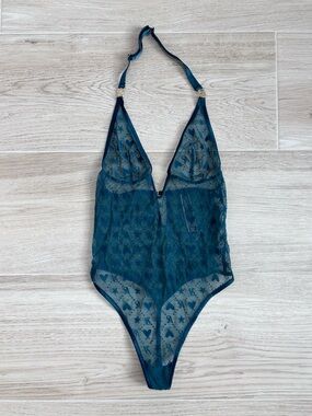 Victoria's Secret Teal Mesh Teddy Lingerie Bodysuit Halter Plunge Deep V Size XS